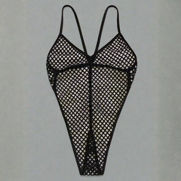 NWT Sexy Sheer Mesh Black Extreme Micro G-String Thong One Piece Swimsuit - Picture 1 of 2